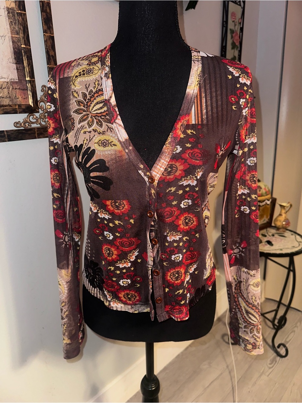 Vintage Y2K Quickstep Brown Multicolored Floral Button Up Mesh Sheer Cardigan S